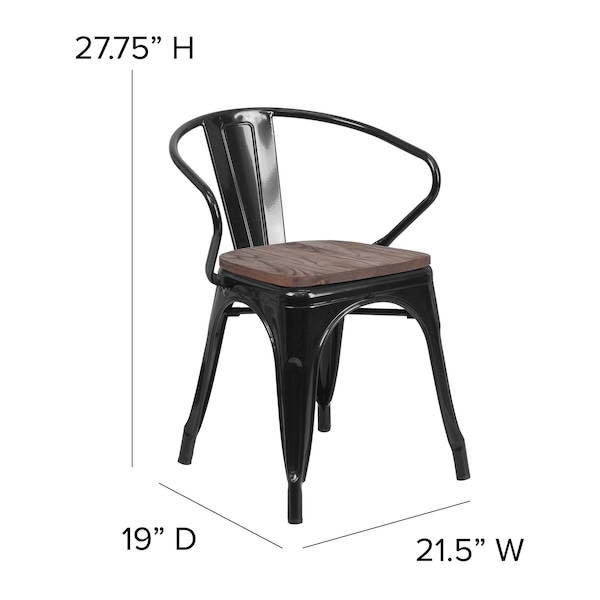 Flash Furniture Metal Chair, Black with Arms, Wood Seat - CH-31270-BK-WD-GG