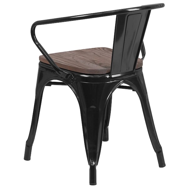 Flash Furniture Metal Chair, Black with Arms, Wood Seat - CH-31270-BK-WD-GG