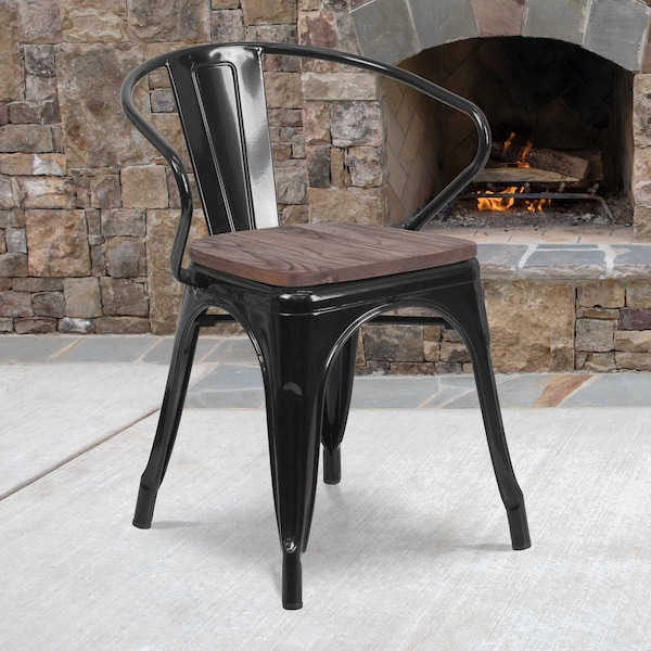 Flash Furniture Metal Chair, Black with Arms, Wood Seat - CH-31270-BK-WD-GG