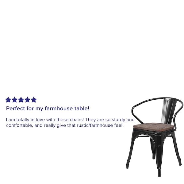 Flash Furniture Metal Chair, Black with Arms, Wood Seat - CH-31270-BK-WD-GG