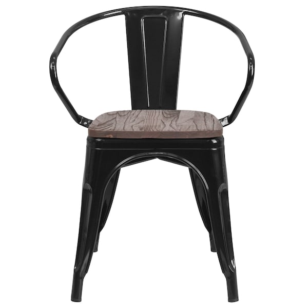 Flash Furniture Metal Chair, Black with Arms, Wood Seat - CH-31270-BK-WD-GG