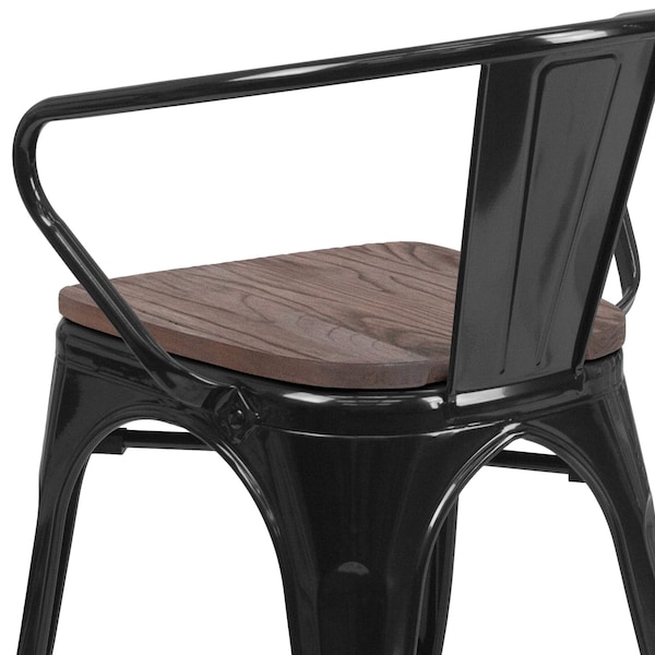Flash Furniture Metal Chair, Black with Arms, Wood Seat - CH-31270-BK-WD-GG