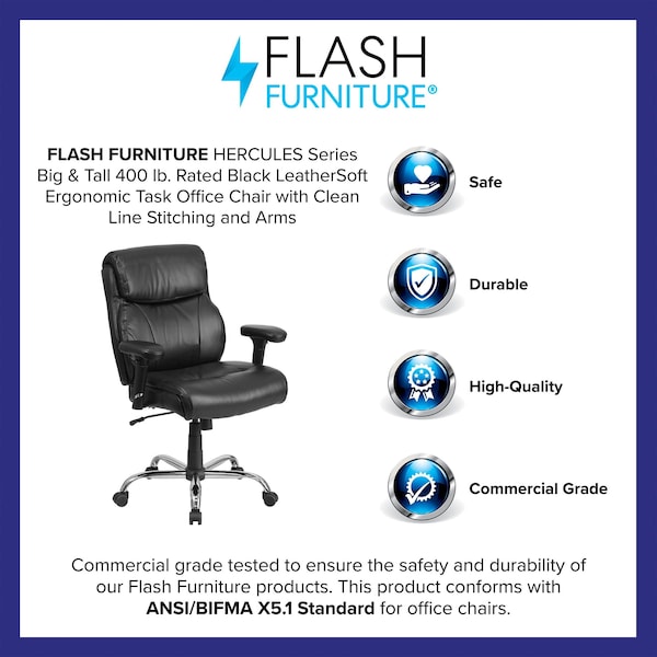 Flash Furniture Hercules Task Office Chair, Black Back, 29-1/2 in W 29" L 44" H, Adjustable Padded - GO-2031-LEA-GG