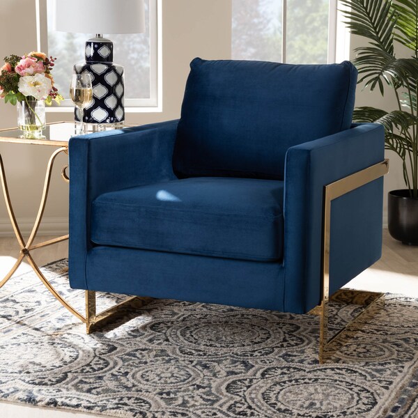 Baxton Studio Matteo Royal Blue Velvet Upholstered Gold Finished Armchair - 156-9782