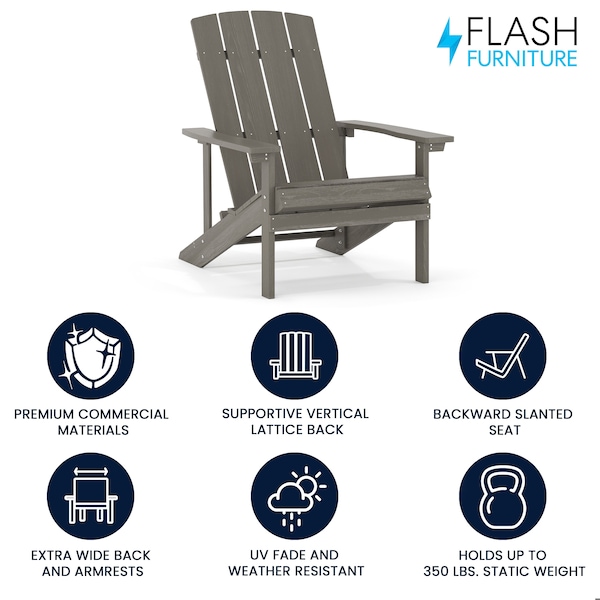 Flash Furniture Charlestown Adirondack Chair, Grey Wood, Gray Seat, Wood Back, 29.5 W 35 H - JJ-C14501-LTG-GG