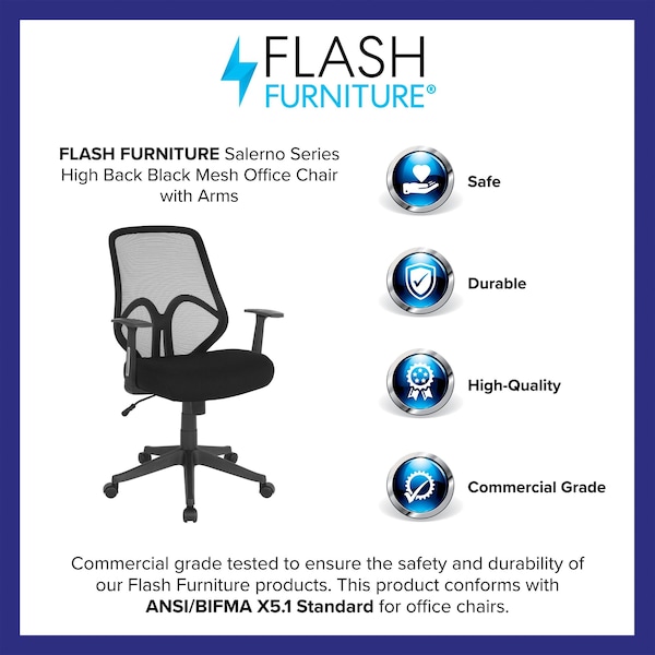 Flash Furniture Contemporary Chair Salerno High Back Mesh Chair, Black, Fixed Arms, 17" to 21" Height, Mesh, Black - GO-WY-193A-A-BK-GG