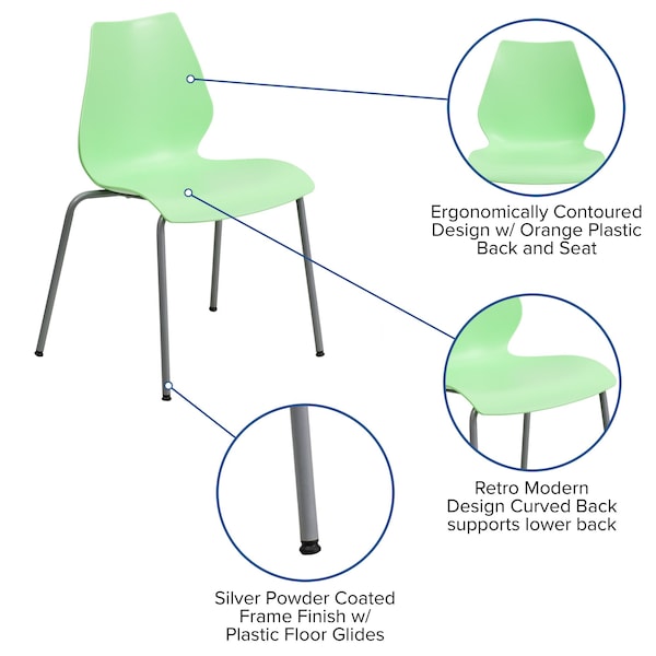 Flash Furniture Stack Chair, Plastic, Green w/Silver Frame - RUT-288-GREEN-GG