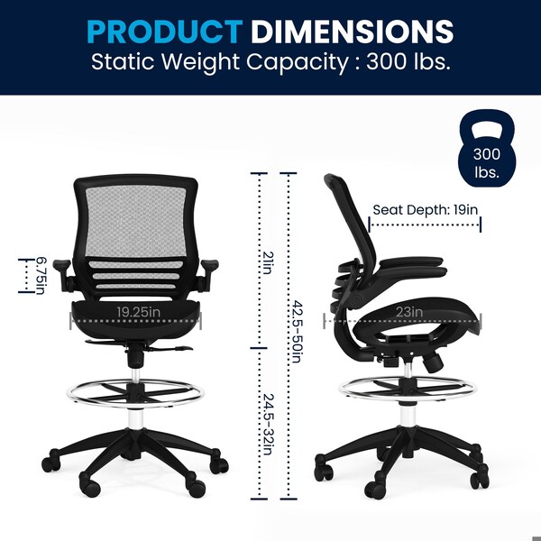 Flash Furniture Mesh Drafting Chair, Padded Arms, Black Mesh/Black Frame - BL-LB-8801X-D-BLK-GG