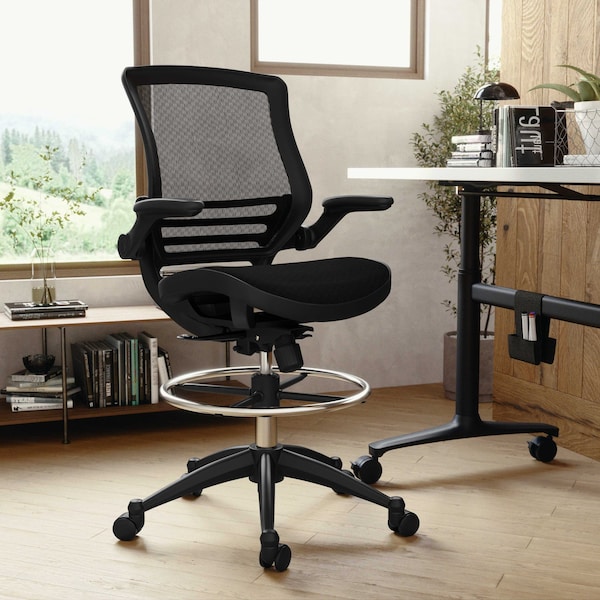 Flash Furniture Mesh Drafting Chair, Padded Arms, Black Mesh/Black Frame - BL-LB-8801X-D-BLK-GG