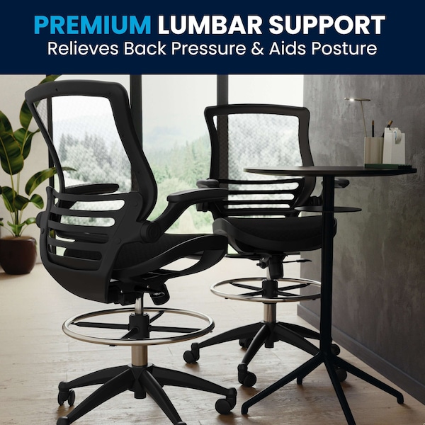 Flash Furniture Mesh Drafting Chair, Padded Arms, Black Mesh/Black Frame - BL-LB-8801X-D-BLK-GG