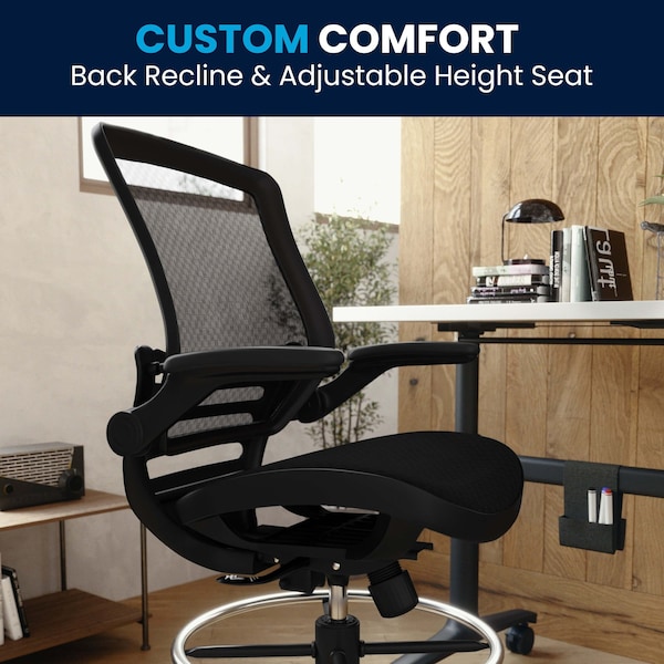 Flash Furniture Mesh Drafting Chair, Padded Arms, Black Mesh/Black Frame - BL-LB-8801X-D-BLK-GG