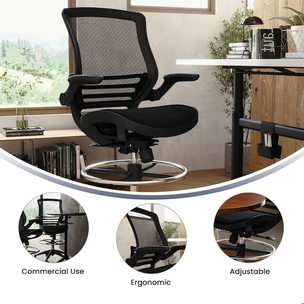 Flash Furniture Mesh Drafting Chair, Padded Arms, Black Mesh/Black Frame - BL-LB-8801X-D-BLK-GG