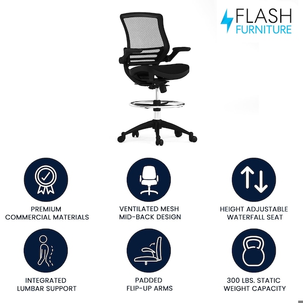 Flash Furniture Mesh Drafting Chair, Padded Arms, Black Mesh/Black Frame - BL-LB-8801X-D-BLK-GG