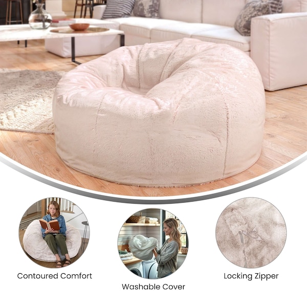 Flash Furniture Bean Bag Chair, White Back, 42 in W 42" L 19" H - DG-BEAN-LARGE-FUR-WH-GG