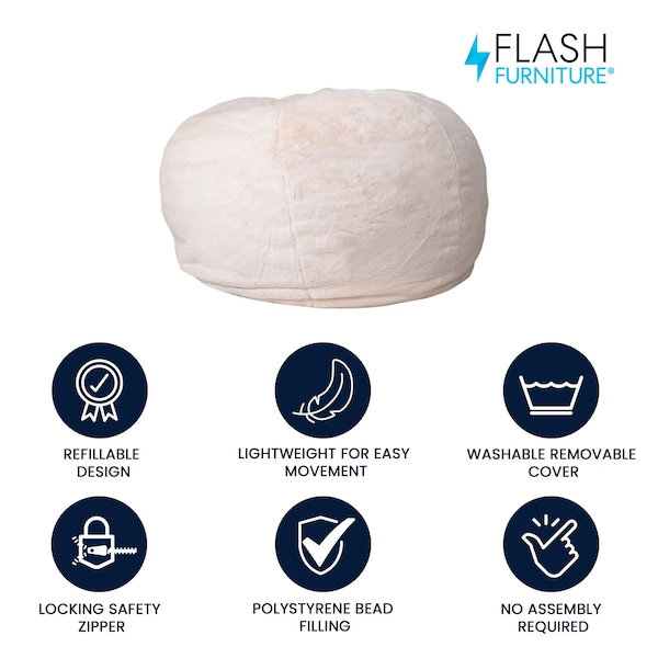 Flash Furniture Bean Bag Chair, White Back, 42 in W 42" L 19" H - DG-BEAN-LARGE-FUR-WH-GG