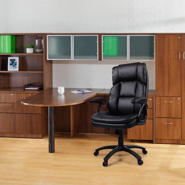 Lorell Executive Chair Black Base High-Back Leather Chair, Black, Adjustable Arms, Leather, Black - LLR59535
