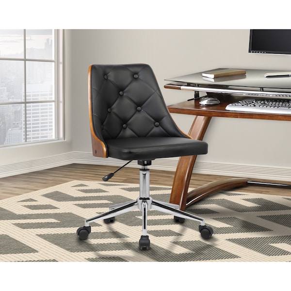 Armen Living Diamond Office Chair in Chrome finish with Tufted Black Faux Leather and Walnut Veneer Back - LCDIOFCHBLACK