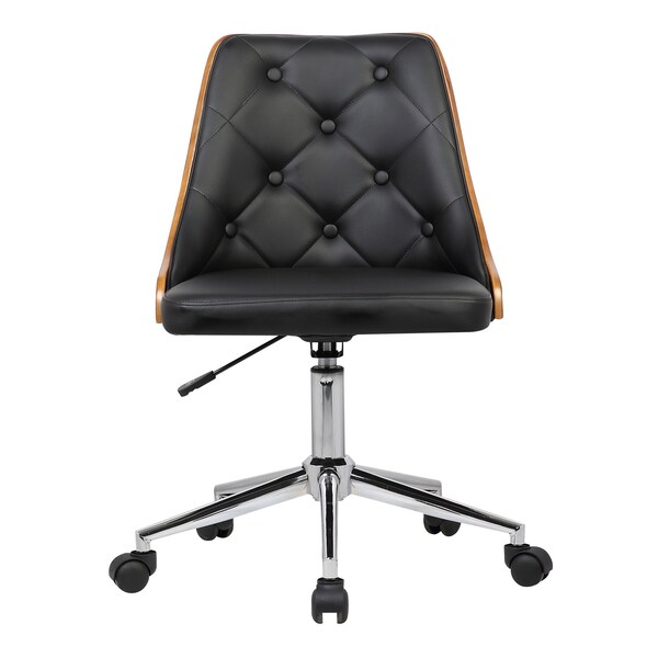 Armen Living Diamond Office Chair in Chrome finish with Tufted Black Faux Leather and Walnut Veneer Back - LCDIOFCHBLACK
