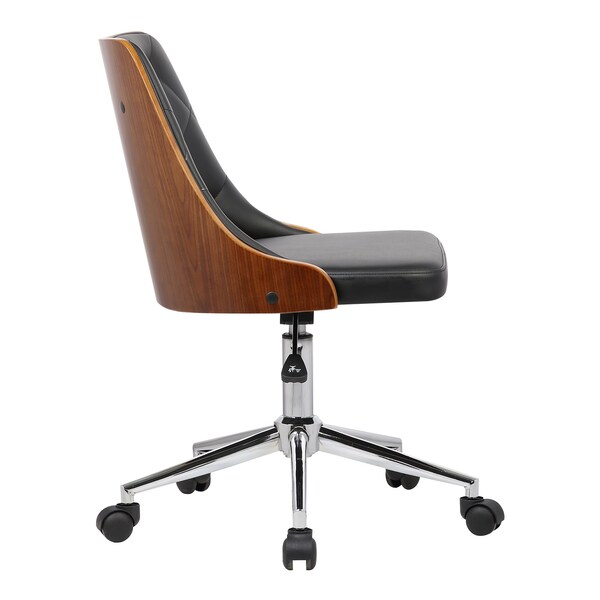 Armen Living Diamond Office Chair in Chrome finish with Tufted Black Faux Leather and Walnut Veneer Back - LCDIOFCHBLACK