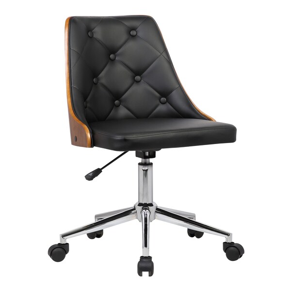 Armen Living Diamond Office Chair in Chrome finish with Tufted Black Faux Leather and Walnut Veneer Back - LCDIOFCHBLACK