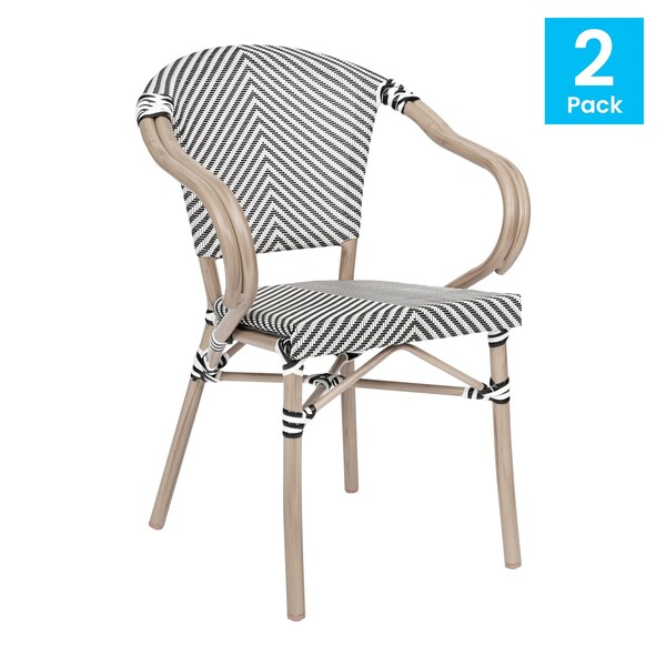 Flash Furniture Marseille French Bistro Stacking Chair w/Arms, Black/White Textilene and Bamboo Alum Frame, 2PK - 2-SDA-ADS642108-BLKWH-LTNAT-GG