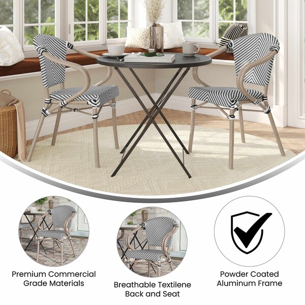 Flash Furniture Marseille French Bistro Stacking Chair w/Arms, Black/White Textilene and Bamboo Alum Frame, 2PK - 2-SDA-ADS642108-BLKWH-LTNAT-GG