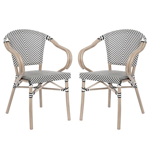 Flash Furniture Marseille French Bistro Stacking Chair w/Arms, Black/White Textilene and Bamboo Alum Frame, 2PK - 2-SDA-ADS642108-BLKWH-LTNAT-GG