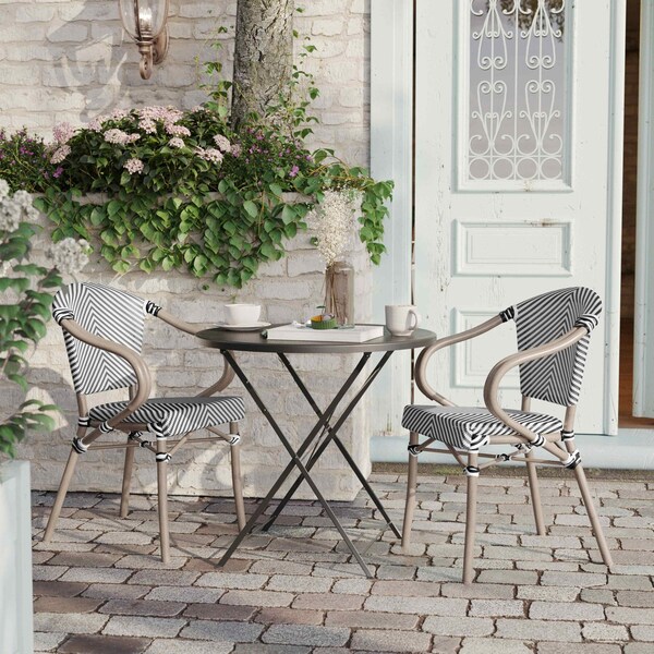 Flash Furniture Marseille French Bistro Stacking Chair w/Arms, Black/White Textilene and Bamboo Alum Frame, 2PK - 2-SDA-ADS642108-BLKWH-LTNAT-GG