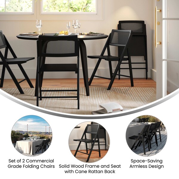 Flash Furniture Galene Cane Rattan Folding Chairs w/Solid Wood Frame and Seat and Ventilated Back, Natural/Blk, 2PK - SK-220905-BLK-GG