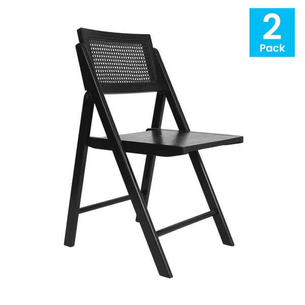 Flash Furniture Galene Cane Rattan Folding Chairs w/Solid Wood Frame and Seat and Ventilated Back, Natural/Blk, 2PK - SK-220905-BLK-GG