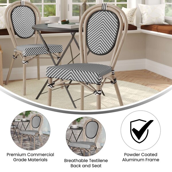 Flash Furniture Marseille Thonet French Bistro Stacking Chair, Black/White Textilene and Bamboo Print Alum Frame - SDA-AD642002S-TXT-BLKWH-LTNAT-GG