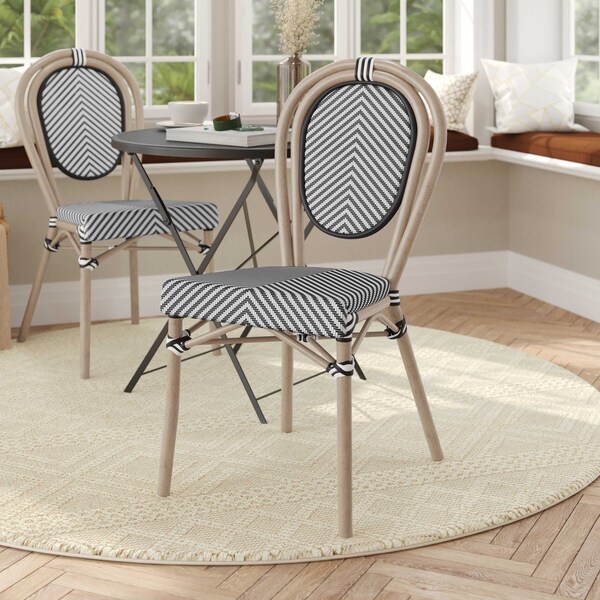 Flash Furniture Marseille Thonet French Bistro Stacking Chair, Black/White Textilene and Bamboo Print Alum Frame - SDA-AD642002S-TXT-BLKWH-LTNAT-GG