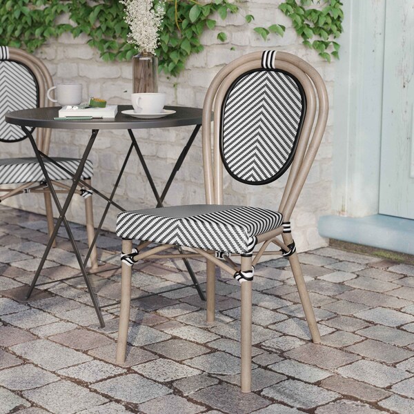 Flash Furniture Marseille Thonet French Bistro Stacking Chair, Black/White Textilene and Bamboo Print Alum Frame - SDA-AD642002S-TXT-BLKWH-LTNAT-GG