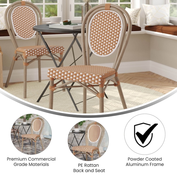 Flash Furniture Lourdes Thonet French Bistro Stacking Chair, Natural/White PE Rattan/Bamboo Print Alum Frame - SDA-AD642002S-NATWH-LTNAT-GG