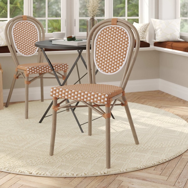 Flash Furniture Lourdes Thonet French Bistro Stacking Chair, Natural/White PE Rattan/Bamboo Print Alum Frame - SDA-AD642002S-NATWH-LTNAT-GG