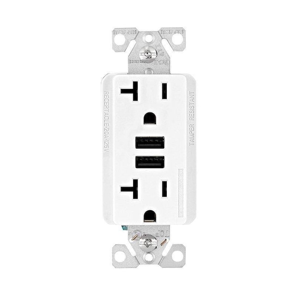 Eaton Wiring Devices Eaton Duplex Receptacle with USB Ports, 2 -Pole, 20 A, 125 V, NEMA: 5-20R, White - TR7766W-KB-L