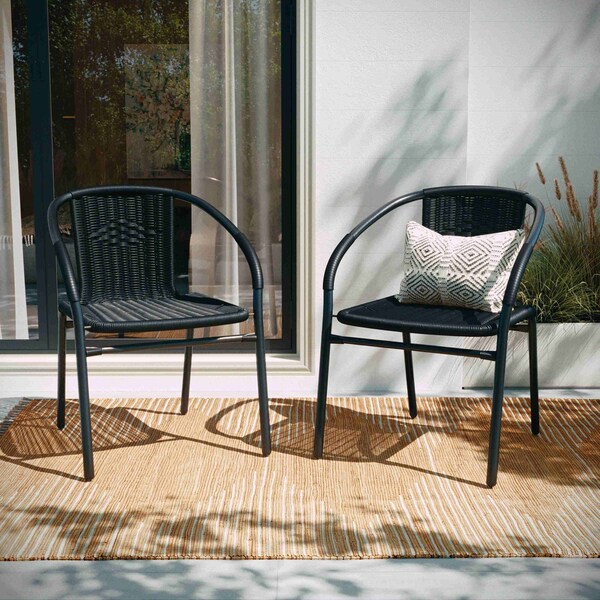 Flash Furniture Black Rattan Indoor-Outdoor Stack Chair - TLH-037-BK-GG