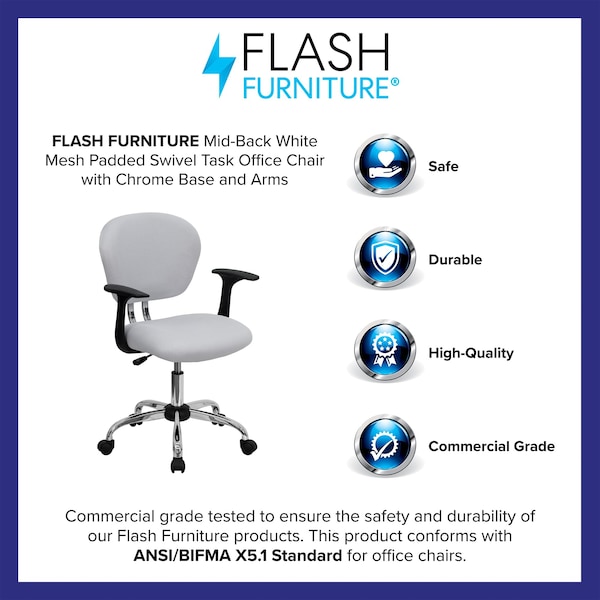 Flash Furniture Mesh Task Chair, 17-1/4" to 21", Fixed Arms, White - H-2376-F-WHT-ARMS-GG