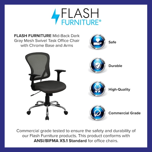 Flash Furniture Task Chair, 18" to 22", Fixed Arms, Dark Gray - H-8369F-DK-GY-GG