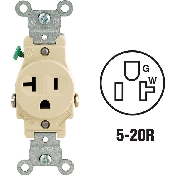 Leviton 20A Ivory Commercial Grade 5-20R Shallow Single Outlet - S11-5801-KIS