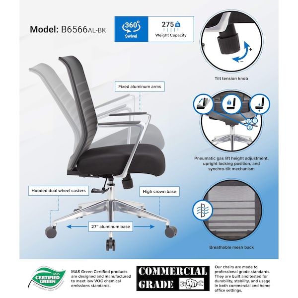 Boss Office Products Execuitve Mesh Task Chair with Aluminum Arms - B6566AL-BK
