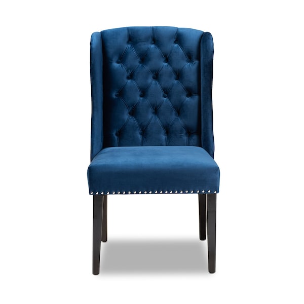 Baxton Studio Lamont Modern Transitional Navy Blue Velvet and Dark Brown Finished Wood Wingback Dining Chair - 176-10963-ZORO