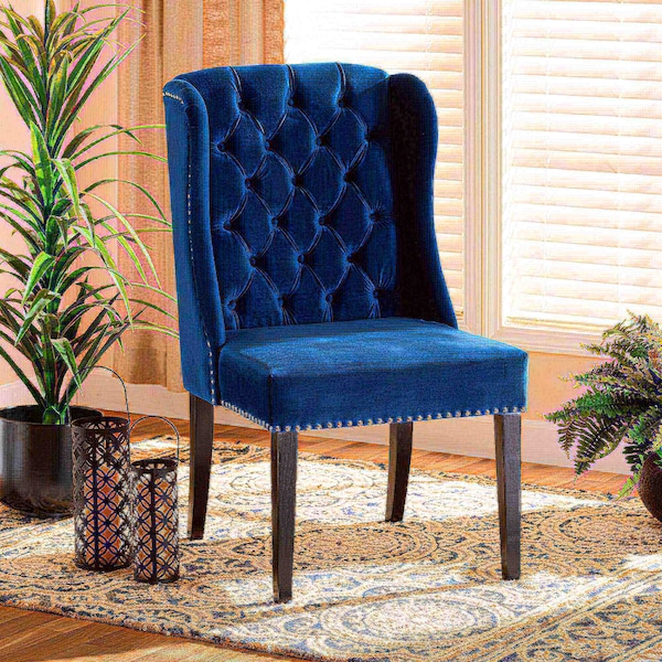 Baxton Studio Lamont Modern Transitional Navy Blue Velvet and Dark Brown Finished Wood Wingback Dining Chair - 176-10963-ZORO