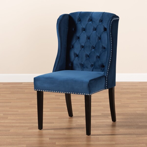 Baxton Studio Lamont Modern Transitional Navy Blue Velvet and Dark Brown Finished Wood Wingback Dining Chair - 176-10963-ZORO