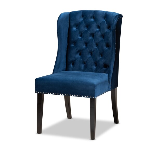 Baxton Studio Lamont Modern Transitional Navy Blue Velvet and Dark Brown Finished Wood Wingback Dining Chair - 176-10963-ZORO