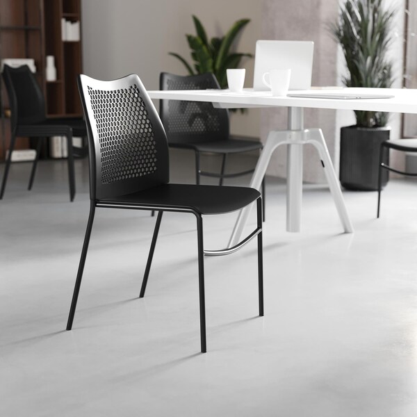 Flash Furniture HERCULES Black Stack Chair with Air-Vent Back, Non-Sled Base and Black Powder Coated Metal Frame - RUT-NC498-BK-GG