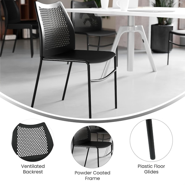 Flash Furniture HERCULES Black Stack Chair with Air-Vent Back, Non-Sled Base and Black Powder Coated Metal Frame - RUT-NC498-BK-GG