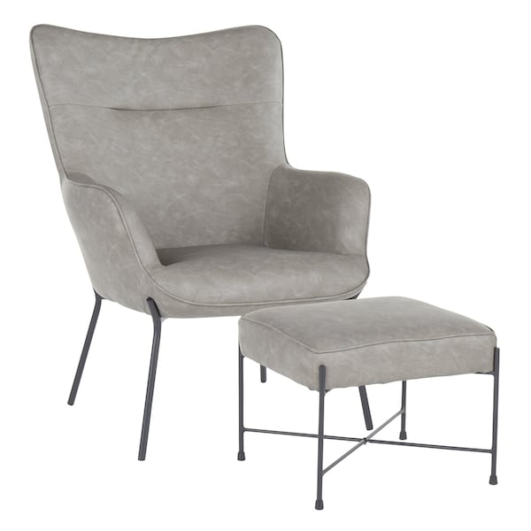 Lumisource Izzy Lounge Chair and Ottoman Set in Black Metal and Grey Faux Leather - C2-IZZY BKGY