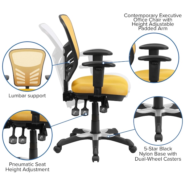 Flash Furniture Contemporary Chair Mid-Back Exectv Chair w/Adj. Arms, Yl/Org, Adjustable Arms, 18" to 23" Height - HL-0001-YEL-GG