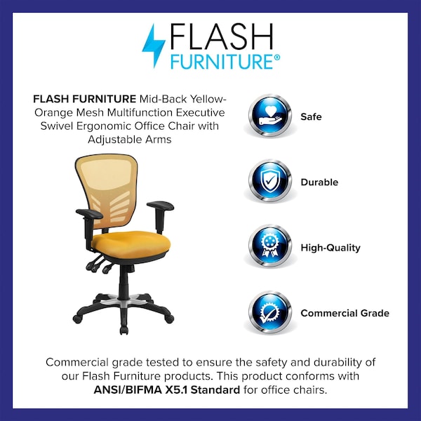 Flash Furniture Contemporary Chair Mid-Back Exectv Chair w/Adj. Arms, Yl/Org, Adjustable Arms, 18" to 23" Height - HL-0001-YEL-GG